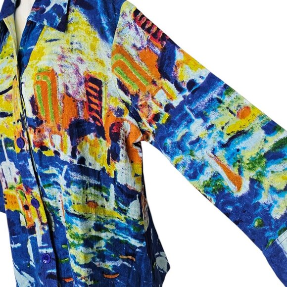 Michael Leu Womens Art To Wear, Bridge, Water, Cotton, Button Front, Gems, Sz XL - Picture 10 of 10
